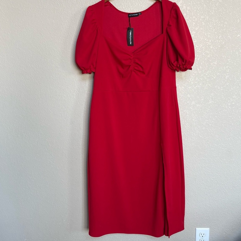 PRETTYLITTLETHING Women’s Red Ruched Puff Sleeve Midi Dress‎ 14 Party